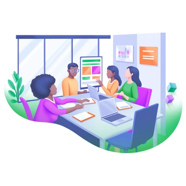 A bright conference room filled with natural light from large windows. An international team of employees is gathered around a modern rectangular table. There are six people of diverse ethnicities, including a woman with curly hair, a man with glasses, and another woman with straight hair. They are actively discussing a project, with one person pointing at a digital screen displaying a colorful presentation. Notebooks and laptops are open in front of each team member. The walls are adorned with plants and motivational posters, adding a touch of greenery and inspiration to the room.