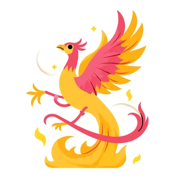 A majestic phoenix rising from flames with vibrant, fiery feathers in shades of red, orange, and gold. The flames are licking around the phoenix's body, creating a dynamic scene filled with movement. The phoenix has a long, elegant tail that trails behind it, adorned with glowing embers. Its wings are spread wide, showcasing intricate feather details that shimmer in the light. The background is filled with swirling smoke and sparks, emphasizing the fiery ascent of the phoenix.