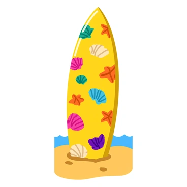 A colorful surfboard decorated with various seashells and starfish. The surfboard is positioned vertically against a sandy beach backdrop, showcasing the intricate details of each seashell and the vibrant colors of the starfish. Sunlight reflects off the glossy surface of the surfboard, enhancing its artistic appearance. Additional elements include a few grains of sand at the base of the board and a gentle wave in the background, emphasizing the beach theme. The overall composition highlights the beauty of the oceanic elements integrated into the surfboard design.