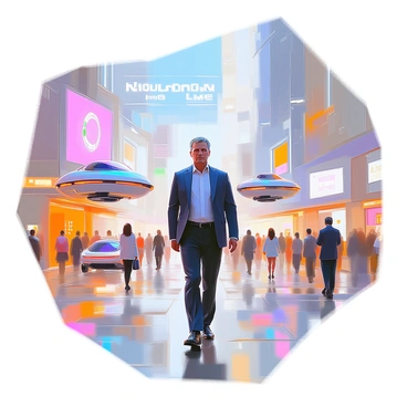 A middle-aged man with short, dark hair and wearing a tailored suit is walking confidently through a bustling, vibrant city filled with advanced technology. Skyscrapers loom overhead, adorned with bright digital screens and neon lights. Hovering vehicles zip through the air, while people in modern attire move about on the ground. The streets are lined with interactive displays showcasing various futuristic gadgets. In the background, a large, illuminated building features a prominent sign that reads "Innovation Hub." The atmosphere is filled with a sense of progress and excitement.