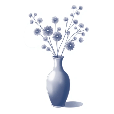 A stylish vase with a sleek design sits on a flat surface. The vase has a narrow neck and a rounded base, creating an elegant silhouette. Inside the vase, there is an arrangement of delicate black flowers, their petals intricate and finely detailed. The flowers are gracefully arranged, some with slightly drooping stems, adding a sense of natural elegance. Surrounding the vase, there is minimal decor to maintain focus on the floral arrangement.