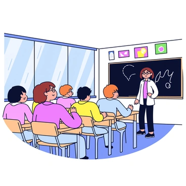 A student sitting at a wooden desk in a classroom. The student has short brown hair and is wearing glasses. They are gazing out a large window with a dreamy expression on their face. Sunlight filters through the glass, casting soft light on the student's face. In the background, there is a blackboard with chalk writing and several colorful posters on the walls. Other students are sitting at their desks, paying attention to the teacher at the front of the classroom.