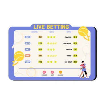 A dynamic betting board featuring a large rectangular display with vibrant colors. The board shows live updates with bold, bright numbers indicating the current odds for various tennis matches. There are animated arrows next to the odds, signifying changes in updates. The background of the board features images of tennis players in action, with rackets and balls displayed prominently. At the top of the board, the words "LIVE BETTING" are highlighted in an eye-catching font. Below the odds, there are small circular icons representing different betting options, such as match winners and set scores.