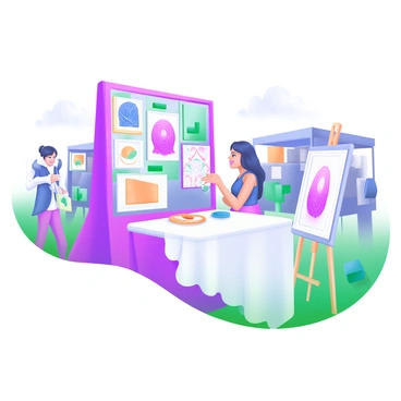 A modern pastel illustration of an artist's booth at an art fair. The booth features a table covered with a soft white cloth, displaying a variety of colorful illustrations and prints for sale. Each print includes intricate designs and vibrant hues. Behind the table, there is a friendly artist engaging with visitors, showcasing their portfolio. To the side, a small easel holds a larger piece of artwork, further attracting attention. Surrounding the booth, there are other booths and attendees browsing, adding to the lively atmosphere of the art fair.