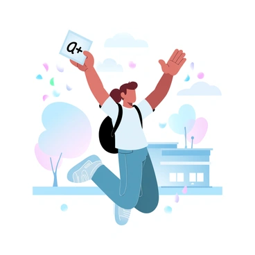 A student is leaping into the air with excitement, holding a report card in their hands that clearly shows an "A+". The student is wearing a casual t-shirt and jeans, with their backpack hanging off one shoulder. Around the student, colorful confetti is falling, adding to the celebratory atmosphere. In the background, there is a school building with a few trees and a blue sky above.