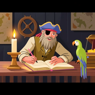 A pirate with a rugged appearance, wearing a tricorn hat, sits at a wooden table in a dimly lit cabin. He has a scruffy beard and an eye patch, intently writing in an old leather-bound captain's log with a quill. The flickering light of a large, waxy candle casts shadows across the room. The cabin is filled with nautical decorations, such as a ship's wheel and maps hanging on the walls. A treasure chest is partially opened in the corner, revealing glimmers of gold and jewels. A parrot perches nearby, observing the pirate as he writes.