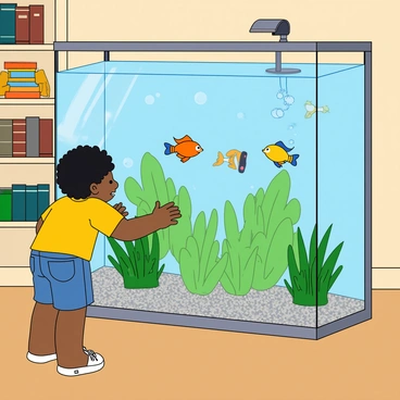 A young child with curly black hair, wearing a bright yellow t-shirt and denim shorts, stands in front of a large rectangular aquarium. The child is leaning forward, pressing their hands against the smooth glass of the aquarium. Their face is lit up with excitement as they watch colorful guppies swimming around enthusiastically. The guppies are vibrant, displaying a variety of colors including orange, blue, and yellow. The aquarium is filled with green aquatic plants and pebbles at the bottom. There are bubbles rising from a small aerator, creating a lively atmosphere. The background shows a cozy room with soft lighting and a shelf filled with books and toys.