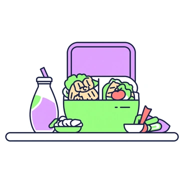 A lunchbox is placed on a table, filled with an assortment of healthy foods suitable for a diabetic child. In the center of the lunchbox, there is a small container holding a mixed salad with colorful vegetables, including green lettuce, cherry tomatoes, and cucumber slices. Next to the salad, there is a section with grilled chicken strips arranged neatly. A separate compartment holds a serving of whole grain crackers. Additionally, there is a small container of hummus for dipping, with carrot sticks and cucumber sticks artistically arranged beside it. A bottle of water sits adjacent to the lunchbox, with a reusable straw sticking out of it. A brightly colored napkin is folded next to the food items, creating an inviting presentation.