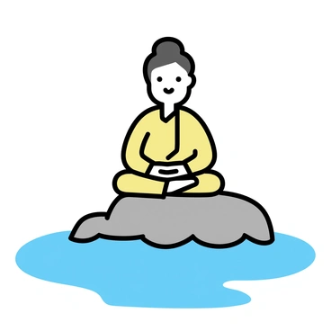 A Buddha statue, depicted with a peaceful expression, is sitting cross-legged on a large rock. The rock is surrounded by gentle waves that are softly lapping at its base. The sea is calm, and the water reflects the soft colors of the sky. The Buddha is adorned with traditional robes, and the scene conveys a sense of tranquility and stillness.