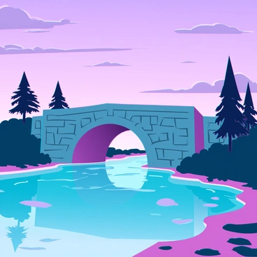 A sturdy stone bridge with intricate carvings on its arches spans across a flowing river. The water beneath is a deep blue, reflecting the soft hues of the twilight sky. The sky is painted in shades of purple and pink, dotted with wispy clouds slowly drifting. On either side of the riverbank, lush greenery and small rocks line the shore, adding to the natural beauty of the scene. Silhouetted trees stand tall against the vibrant sky, completing the serene setting.