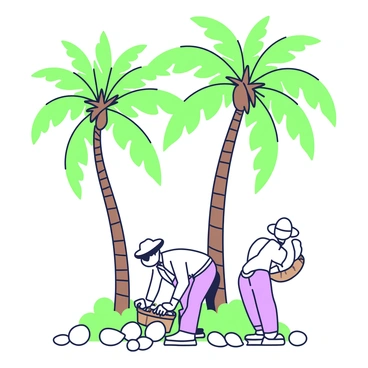 A farmer is collecting coconuts from the ground beneath tall coconut palms. The farmer is wearing a straw hat and a light-colored shirt, bending down to gather the coconuts into a woven basket. The coconut palms tower above, their fronds creating a canopy. Some coconuts are scattered on the ground, while others are still hanging from the trees. The scene is set in a sunny environment, emphasizing the height of the palms and the abundance of coconuts on the ground.