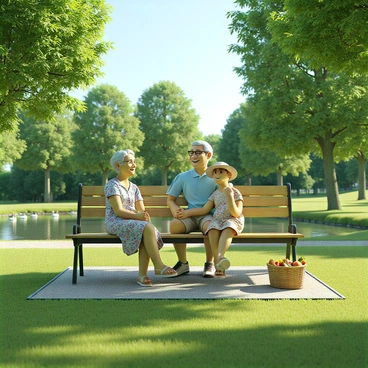 A retired couple is sitting on a wooden bench in a lush green park. The man has gray hair and is wearing a light blue polo shirt with beige shorts, while the woman has short curly hair and is dressed in a floral sundress and a wide-brimmed hat. They are smiling at each other, enjoying a picnic basket filled with fruits and sandwiches placed next to them on the bench. In the background, there are tall trees with vibrant green leaves and a clear blue sky, creating a peaceful atmosphere. A small pond reflects the sunlight, and a few ducks are swimming gracefully on the water's surface. The scene conveys a sense of contentment and companionship.