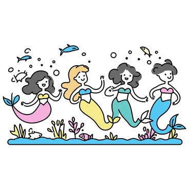 A group of colorful mermaids, each with flowing hair and shimmering tails, are dancing joyfully in a lively underwater scene. They are surrounded by various sea creatures, including playful dolphins, fluttering schools of fish, and curious turtles. The background features coral reefs with vibrant colors, adding to the festive atmosphere. Bubbles float upwards as the mermaids twirl and interact with the sea life around them, creating a sense of movement and celebration.