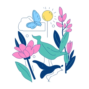 A collection of small illustrations is arranged in a way that they collectively form a larger cohesive image. Each small illustration features distinct elements such as a pink flower, a blue butterfly, a yellow sun, and a teal bird. The illustrations are seamlessly integrated, with some overlapping and connected by thin white lines. The larger image created by this collage represents a vibrant garden scene, showcasing various plants and animals in a harmonious layout.