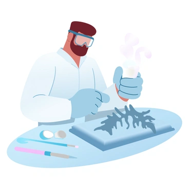 A scientist is focused on cleaning a dinosaur fossil with specialized tools. The scientist is wearing a white lab coat and protective gloves. The fossil is partially buried in a block of stone, showcasing distinct bone structures. Various small tools, such as brushes and picks, are arranged neatly on a nearby table. Soft lighting highlights the details of the fossil, creating a contrast with the surroundings. A pair of safety goggles rests on the table, indicating the careful nature of the work being done.