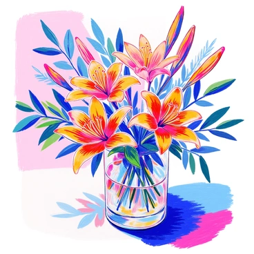 A beautifully arranged bouquet of vibrant "tiger lilies" is displayed in a clear "glass vase." The tiger lilies showcase bold orange petals with striking black spots, creating a vivid and eye-catching appearance. The vase is filled with a small amount of water, and the stems of the lilies are trimmed at different heights, adding to the natural look of the arrangement. Surrounding the vase are delicate green leaves, providing a lush backdrop for the bright flowers. The light reflects off the glass, enhancing the colors of the lilies and the foliage.