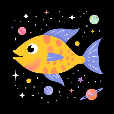 A colorful fish, with bright orange and blue scales, swims gracefully through a dark, starry sky. The fish has large, expressive eyes and flowing fins that create a sense of movement. Surrounding the fish are various twinkling stars and shimmering planets in shades of purple and yellow, creating a magical atmosphere. Some stars are larger than others, casting soft glows, while a vibrant nebula in shades of pink and teal provides a whimsical backdrop. The entire scene is filled with a sense of wonder and exploration.