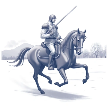 A man dressed in historical military attire is riding a horse. The horse is depicted in a gallant pose, showcasing its strong, muscular build. The scene captures a snowy battlefield, with snowflakes gently falling from a cloudy sky. In the background, there are hints of distant mountains and a line of trees, their branches heavy with snow. The ground is blanketed in white, with patches where the grass peeks through. The man is holding a sword in one hand, displaying a firm grip, while the other hand is raised, possibly giving commands to his soldiers.