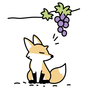 A fox with orange fur and a bushy tail is sitting underneath a grapevine. The fox has a frustrated expression on its face as it looks up at a cluster of purple grapes hanging from the vine above. The grapevine is lush with green leaves, and the grapes hang just out of reach. The ground is covered with small stones, and the scene is set in a sunny environment.