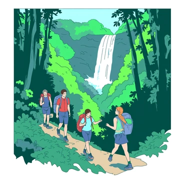A group of hikers is navigating a narrow levada trail that meanders through lush, dense jungle. The vibrant greenery surrounds them, with tall trees and thick underbrush creating a sense of immersion in nature. In the background, a cascading waterfall is visible, with water tumbling down rocky cliffs, creating a mist that catches the light. The hikers are wearing backpacks and appropriate outdoor gear, with expressions of determination as they continue their journey along the winding path. Sunlight filters through the canopy above, casting dappled shadows on the ground.