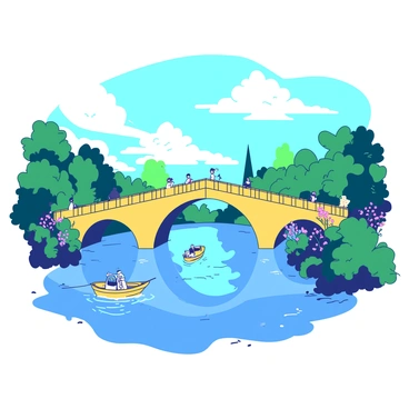 A yellow bridge with intricate arches spans over a calm blue river. Lush green trees and vibrant flowers line the banks of the river, creating a natural frame around the scene. The sky is filled with fluffy white clouds casting soft shadows on the bridge and water. In the foreground, there are a few small boats on the river, gently bobbing with the current. The bridge is bustling with people walking, some stopping to take pictures of the beautiful surroundings.