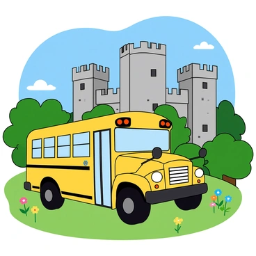 A bright yellow school bus is parked on a grassy area, its door open as if ready to let students off. The bus has large black wheels and windows reflecting the sunlight. In the background, a grand historic British castle stands tall, made of gray stone with tall towers and battlements. Lush green trees surround the castle, and a clear blue sky is above, dotted with fluffy white clouds. A few colorful flowers are blooming near the base of the bus, adding a cheerful touch to the scene.