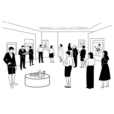 An elegant charity art auction taking place in a spacious, well-lit gallery. Guests dressed in formal attire are milling about, holding bid paddles in their hands. A crowd of individuals, both men and women, are focused on a series of beautifully illustrated pieces displayed on white walls. Some guests are engaged in animated conversations while others are intently studying the artwork. A large, ornate table is set up for refreshments, adorned with sparkling crystal glasses and elegant snacks. In the center, a spotlight highlights a particularly stunning illustrated piece, drawing the attention of several bidders.