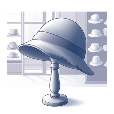 A vintage cloche hat resting atop a wooden hat stand. The hat features a rounded crown and a close-fitting design, with a wide brim that curves downwards around its edges. The wooden hat stand has a polished finish that adds to the antique feel of the scene. The background showcases an old-fashioned shop with shelves filled with various hats and accessories, creating a nostalgic atmosphere. Soft light filters through a nearby window, casting gentle shadows that highlight the details of the hat and the hat stand.