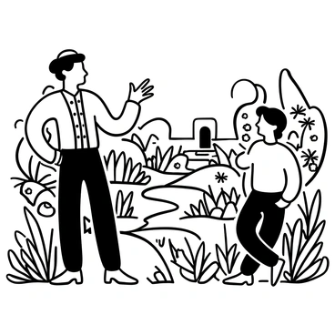 Pangloss standing with a gesturing hand, explaining his optimistic philosophy. Candide is listening with an amused expression, leaning slightly to the side. The background features a lush garden dotted with various plants and flowers, with sunlight filtering through the leaves. Various garden elements include a stone path winding through the foliage and a small fountain in the distance. The scene conveys a sense of lively interaction between the two characters amid a vibrant setting.