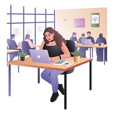 A woman sitting at a modern desk in a trendy co-working space, focused on her laptop. She has long curly hair and is wearing a stylish black top with denim jeans. The desk is cluttered with a few colorful notebooks, a potted succulent plant, and a cup of coffee. Behind her, there are large windows allowing sunlight to filter in, casting soft shadows. In the background, there are other people working, some on laptops and others engaged in discussion at communal tables. The walls are decorated with vibrant artwork, adding to the creative atmosphere of the space.