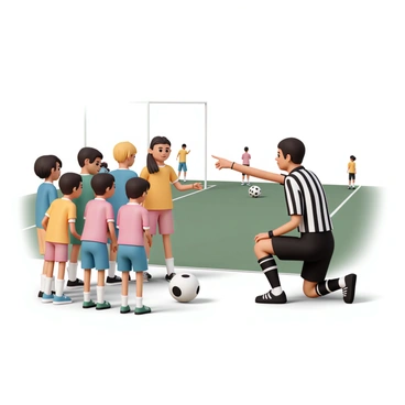 A referee, wearing a black and white striped uniform and holding a whistle, is kneeling down to give advice to a group of young players. The players, dressed in colorful jerseys and shorts, are gathered around him, paying close attention. The referee is pointing towards the field, illustrating a technique, while the players look engaged and enthusiastic. In the background, a grassy soccer field is visible, with goalposts and a few spectators watching the practice.