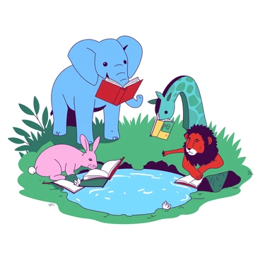 A blue elephant stands beside a watering hole, holding a red book with its trunk, focused on the pages. Next to it, a teal giraffe bends down to drink, while balancing a yellow book on its head. Nearby, a pink rabbit sits in the grass, engrossed in a small white book, its ears perked up. A red lion lounges on a rock, paw resting on an open green book, eyes scanning the text. The scene captures the unique wildlife, each engaged in their reading, framed by lush greenery surrounding the watering hole.