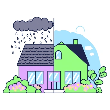 A house stands prominently in the center of the image, with one side enveloped in a rainstorm. Dark clouds loom overhead, releasing heavy raindrops that splatter against the side of the house, creating puddles on the ground. On this side, the windows are partially obscured by the rain, and the front yard is flooded with water. The other side of the house, contrastingly, is bathed in bright sunlight under clear blue skies. This side features vibrant flowers blooming in a well-manicured garden, with sunlight glinting off the clean windows. The roof shingles on both sides are clearly visible, showing the distinct weather conditions affecting each section.