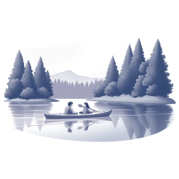 A couple is kayaking on a smooth body of water. The kayak is a vibrant shape, gently gliding through the surface. The individuals in the kayak appear relaxed and engaged with each other. They are surrounded by dense greenery, with tall trees and thick foliage lining the water's edge. The scene conveys a sense of tranquility and connection with nature, with the reflections of the trees shimmering in the water.