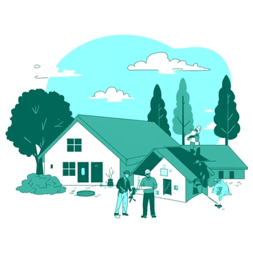 A teal community is actively rebuilding after a hurricane. In the foreground, there are several new, sturdy homes painted in shades of white, showcasing modern architecture. Construction workers are seen collaborating, with tools in hand, as they work on the finishing touches of a house. In the background, there are trees that have been trimmed, highlighting the resilience of nature alongside the homes. A blue sky serves as a backdrop, with a few fluffy clouds scattered throughout. The atmosphere is one of hope and determination as the community comes together to restore their neighborhood.
