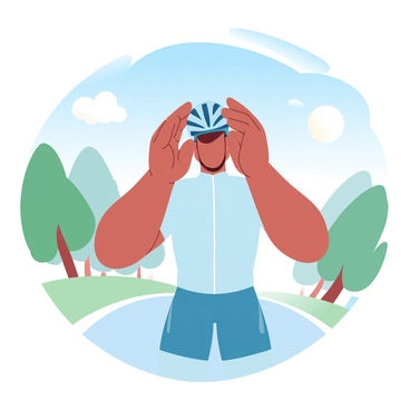 A cyclist is preparing for a ride by adjusting their helmet. The cyclist is wearing a bright, fitted cycling jersey with short sleeves and padded cycling shorts. The helmet is sleek and aerodynamic, sitting in their hands as they make minor adjustments. In the background, a clear blue sky is visible, with the sun shining brightly, casting soft shadows on the ground. Surrounding the cyclist are green trees and a well-paved cycling path.