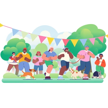 Several families are participating in a relay race in a vibrant green park. Each family consists of four members, with various ages represented, from children to adults. The families are energetically running, laughing, and cheering each other on. Each family is accompanied by a dog of different breeds and sizes, including a golden retriever, a beagle, and a pug, all running alongside their owners. Colorful banners are strung between trees, and spectators are clapping and enjoying the lively atmosphere. In the background, there are trees with lush foliage and a clear blue sky.