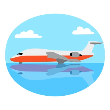 A Boeing 727 airplane is depicted with its vibrant colors and distinct shape. The aircraft is positioned in the center of the image, showcasing its three engines mounted on the wings. Below, the calm water surface reflects the airplane perfectly, creating a symmetrical image. The sky above is clear and blue, with a few fluffy white clouds scattered, adding depth to the scene. The overall composition captures the sleek design of the aircraft against the tranquil backdrop.