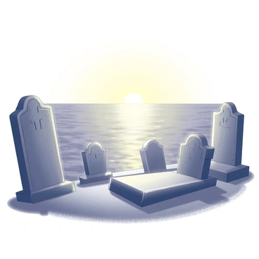 A landscape featuring an ocean at sunset. The sun is low on the horizon, casting a glowing light across the water. In the foreground, there are gravestones of various shapes and sizes, each detailed with carvings and inscriptions. The soft, serene light from the setting sun creates elongated shadows of the gravestones, enhancing the somber yet beautiful atmosphere of the scene. The sea reflects the light, creating a shimmering path leading towards the horizon.