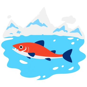 A piranha with sharp teeth and a sleek, streamlined body swims through clear, icy waters. The water is a bright blue, contrasting with the surrounding snow-covered banks that glisten in the sunlight. The icy landscape features jagged ice formations protruding from the water's edge. Snowflakes gently fall from a pale, cloudy sky, creating a serene atmosphere around the scene. The piranha moves gracefully, creating small ripples in the water as it navigates its environment.