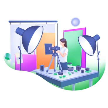 A bright photography studio featuring a photographer focused on adjusting camera settings. The photographer is standing next to a large camera on a tripod, with various lenses and camera accessories spread out on a nearby table. Softboxes and reflectors are positioned around the studio to create even lighting. In the background, there are colorful backdrops hanging, including both solid colors and patterns. The atmosphere is filled with the equipment of a professional photography environment, emphasizing an organized and creative workspace.