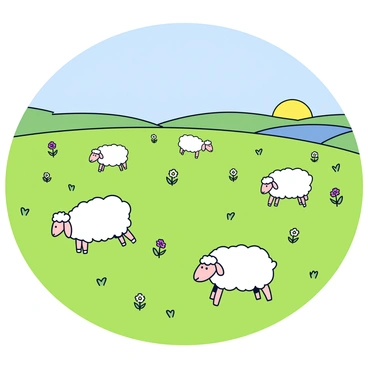 A farm field with a vast expanse of lush green grass. Several fluffy white sheep are grazing calmly throughout the field. The sun is just rising, casting a soft light across the scene. A few scattered wildflowers add pops of color among the grass. In the distance, there are gentle rolling hills under a clear blue sky.