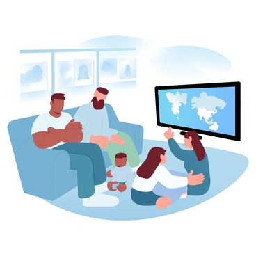 A family is gathered in their living room, closely watching a television screen that displays a map indicating a tsunami warning. The father, wearing a casual t-shirt and jeans, is sitting on the sofa, leaning forward with his arms crossed. The mother, in a cozy sweater, is sitting beside him, looking intently at the screen. Two children, a boy and a girl, are sitting on the floor, with the boy holding a toy. The girl is beside him, glancing up at her parents. Behind them, the room is decorated with family photos and a large window showing dark clouds outside. A subtle glow from the television illuminates their faces as they listen intently to the news report.