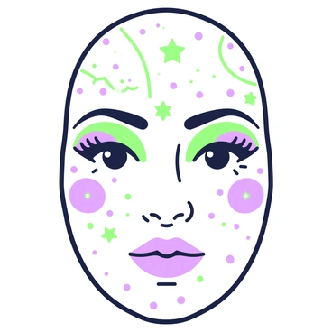 A face is decorated with intricate makeup patterns that resemble constellations and stars. The makeup features delicate lines tracing the shapes of various star formations across the cheeks and forehead. Small dots of shimmering product represent stars, scattered throughout the design. The lips are painted in a deep shade, complementing the celestial theme. The eyes are accentuated with bold colors that echo the night sky, with shimmering highlights adding depth. The overall composition captures the creativity and artistry of this unique makeup application.