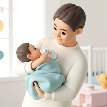 A newborn baby, wrapped in a soft, light blue blanket, is being gently held by their parent. The parent, wearing a cozy white sweater, has a look of affection on their face as they lovingly bring a bottle of milk to the baby's mouth. The baby’s tiny hands are reaching out, and their eyes are wide open, gazing up at the parent. Soft morning light filters through a nearby window, illuminating the scene and creating a warm atmosphere. The background features a simple nursery with pastel colors, a crib, and a few plush toys.