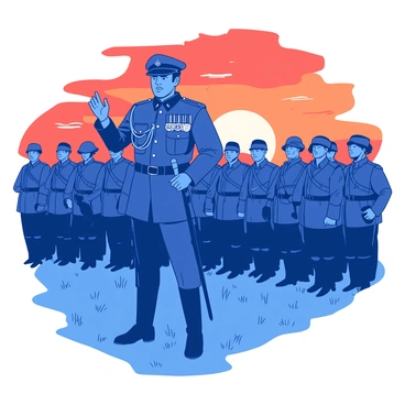 A commanding officer stands confidently on a grassy field, addressing his troops with a determined expression. He is wearing a dark blue military uniform adorned with medals and insignias that signify his rank. Behind him, rows of soldiers in matching blue uniforms listen attentively, their faces set with focus and resolve. The officer gestures passionately with his right hand, while his left hand rests on the hilt of his sword at his side. In the background, the sky is a vibrant orange as the sun begins to rise, illuminating the scene with a sense of urgency and hope. The troops are lined up in formation, with some holding weapons, ready for the battle ahead.