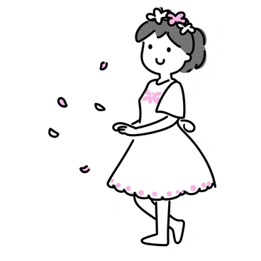 A young flower girl, wearing a charming white dress with delicate lace details, is scattering pink and white petals down a clean, unadorned aisle. The petals are falling gently to the ground, creating a vibrant trail. The girl's hair is styled with a simple floral crown, complementing the softness of her dress. She is smiling as she walks, her bare feet touching the smooth surface of the aisle.