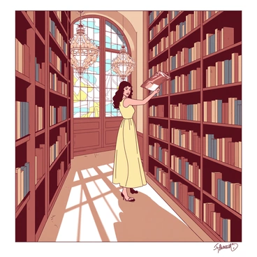 A woman named "Sarah" is standing between towering wooden bookshelves in a grand, old library. The shelves are filled with numerous books that have ornate spines, reflecting a rich history. Sunlight filters through large stained-glass windows, casting colorful patterns on the wooden floor. Sarah is wearing a long, flowing dress and has an expression of curiosity as she reaches up to pull a book from the upper shelf. In the background, there are large, intricate chandeliers hanging from a high ceiling, illuminating the space with a warm glow.