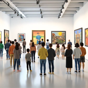A gallery exhibition showcasing diverse artworks, with visitors admiring the pieces.