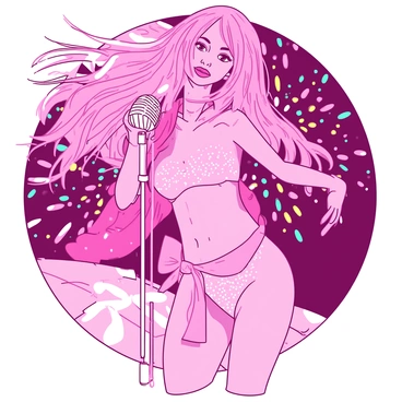 A pink pop star with long flowing hair is striking a dynamic pose while holding a silver microphone in her right hand. She is wearing a sparkling outfit adorned with sequins that catch the light. The background features bursts of colorful fireworks illuminating the night sky, creating an energetic atmosphere. The scene captures her confident expression as she engages with her audience, radiating excitement.